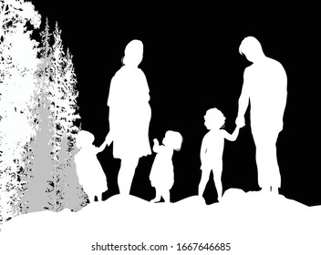 illustration with family silhouettes isolated on black background