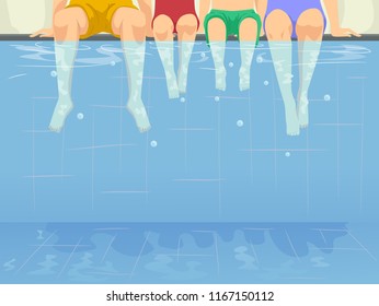 Illustration of a Family Sitting By the Swimming Pool and Relaxing. View from Underwater with Space for Text