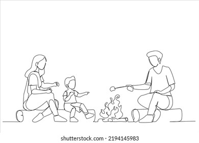 Illustration of family sitting at campfire together, singing song, playing guitar, marshmallows on fire. One line style art
