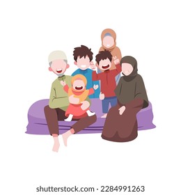 Illustration of a family sitting on a bed during eid al fitr