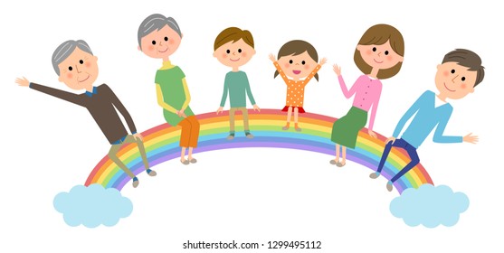 It is an illustration of a family sitting on a rainbow.