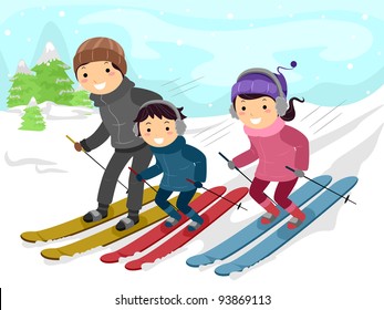 Illustration of a Family Skiing Together