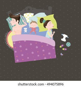 Illustration with family sleeping in the bed