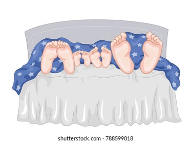 Illustration of a Family Sleeping Together Under One Blanket in One Bed. Mom Feet to Kids to Dad Feet