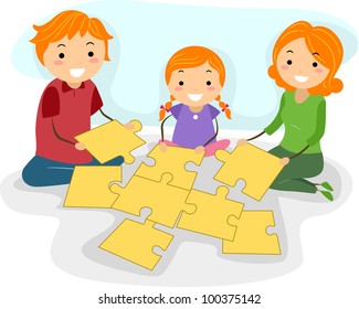 Illustration Of A Family Solving A Jigsaw Puzzle Together