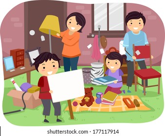 Illustration of a Family Sorting Items for a Garage Sale