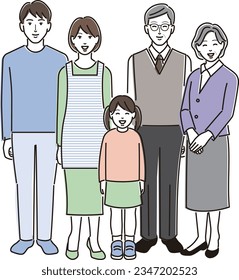 Illustration of a family standing side by side with grandparents