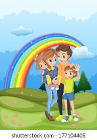 Illustration of a family strolling with a rainbow in the sky