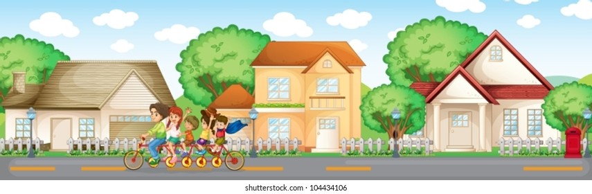 Illustration of family in the suburbs