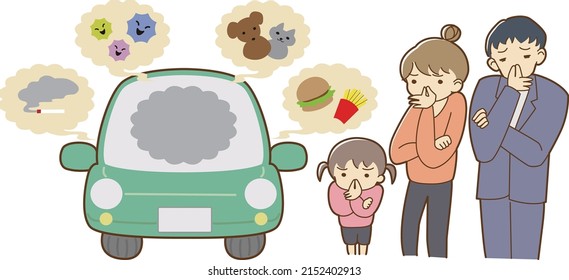 Illustration of a family suffering from the unpleasant smell of a car