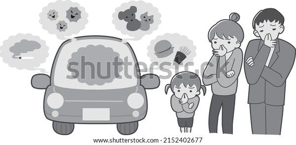 Illustration of a family suffering from the\
unpleasant smell of a\
car