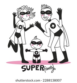 Ilustración de una familia de superhéroes, mamá papá y bebé superhéroe, clipart
