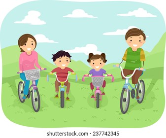 Illustration of a Family Taking a Stroll in the Park in Their Bicycles