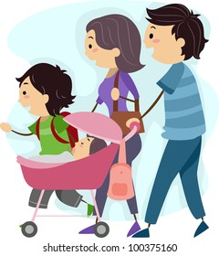 Illustration of a Family Taking a Stroll Together