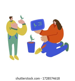 Illustration of a family teaching children. Freehand drawing illustrating the learning process of plant growing. Family drawing, mother and son spending time together, teaching son