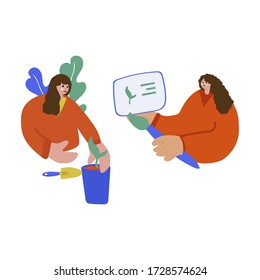 Illustration of a family teaching children. Freehand drawing illustrating the process of learning crop production. The family draws, mother and daughter spend time together, teach their daughter