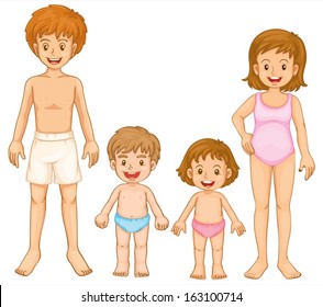 Illustration of a family in their swimming attire on a white background