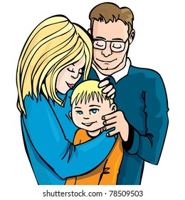 Illustration of family of three. Father, mother and child