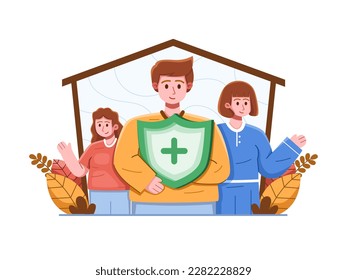 Illustration of a family of three at home, with the father holding a shield symbolizing their protection through health insurance. Peace of mind with insurance for the entire family.