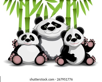 Illustration of family of three pandas and bamboo