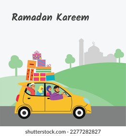 Illustration of family travel by car. vehicle with suitcase on roof. mudik ramadan kareem celebrate tradition