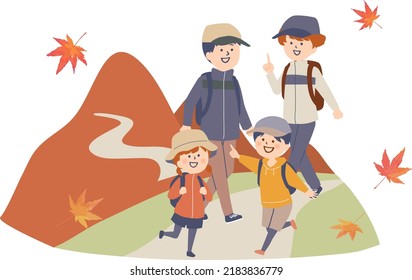 Illustration of a family trekking a mountain in the fall