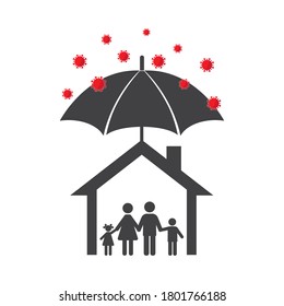 Illustration Family Under The Umbrella In House To Avoid Virus Attack On A White Background