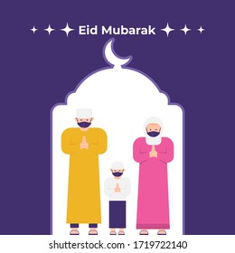 illustration of a family uttering eid mubarak. Muslim traditions. flat design. can be used for elements, landing pages, banners, greeting cards, posters, UI.