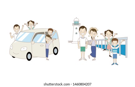 Illustration of the family vacation.
Illustration of the family in a car.
Illustration of a family strolling in the shore.