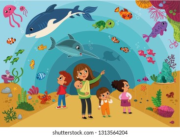 Illustration of a Family Visiting an Aquarium