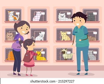 Illustration of a Family Visiting a Cat Shelter