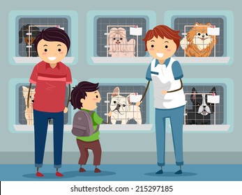 Illustration of a Family Visiting a Dog Shelter