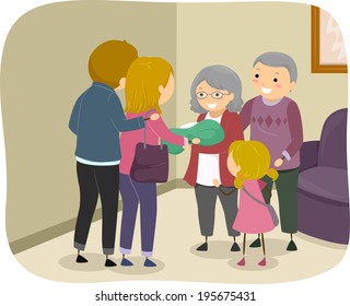 Illustration of a Family Visiting an Elderly Couple to Present a Newborn Baby