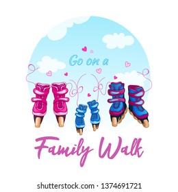 Illustration of a family walk on roller skates. Women's, men's and children's roller skates tied with laces against a blue sky