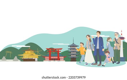 It is an illustration of a family walking around a famous sightseeing spot in Kyoto.