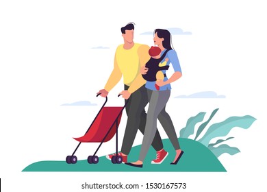 Illustration of family walking around the park. Father, mother and their children spending weekend.