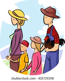Illustration of a Family walking with Chicken