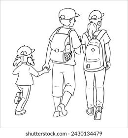 
Illustration of family walking in the forest. just line.