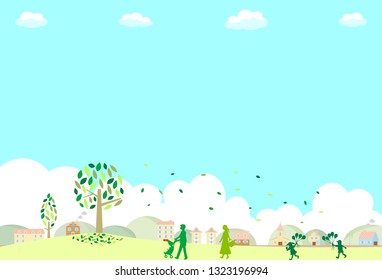 illustration of family walking in the green park