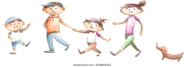 Illustration of a family walking with their dog