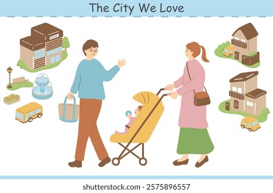 An illustration of a family walking in a town