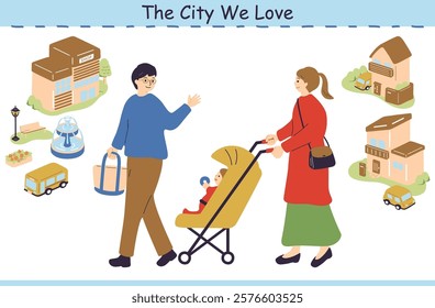 An illustration of a family walking in a town