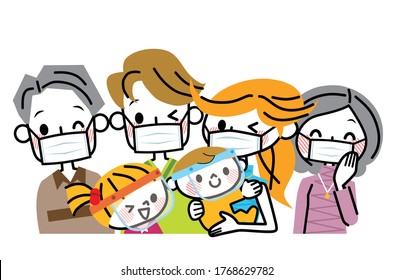 Illustration of a family wearing masks.