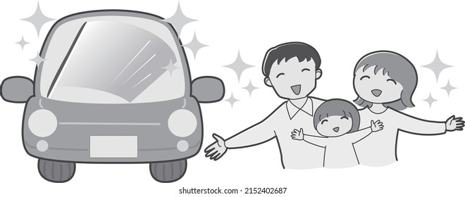 Illustration of a family where the wiper is pleased with a beautiful car