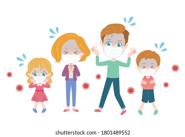 It is an illustration of a family who is afraid of viruses. They are wearing masks. It is a vector art and can be edited.