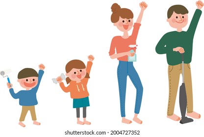 Illustration of a family who is enthusiastic about cleaning up