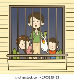 Illustration of a family who is restricted from going out. Vector illustration.