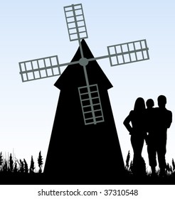 Illustration of family and windmill