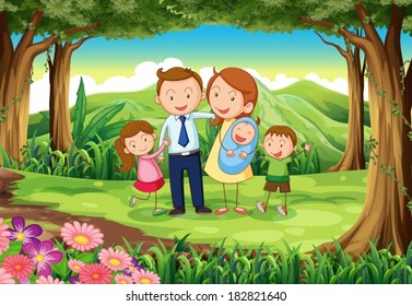 Illustration of a family at the woods