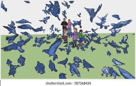 Illustration of family with young children feeding flock of birds in the park in color